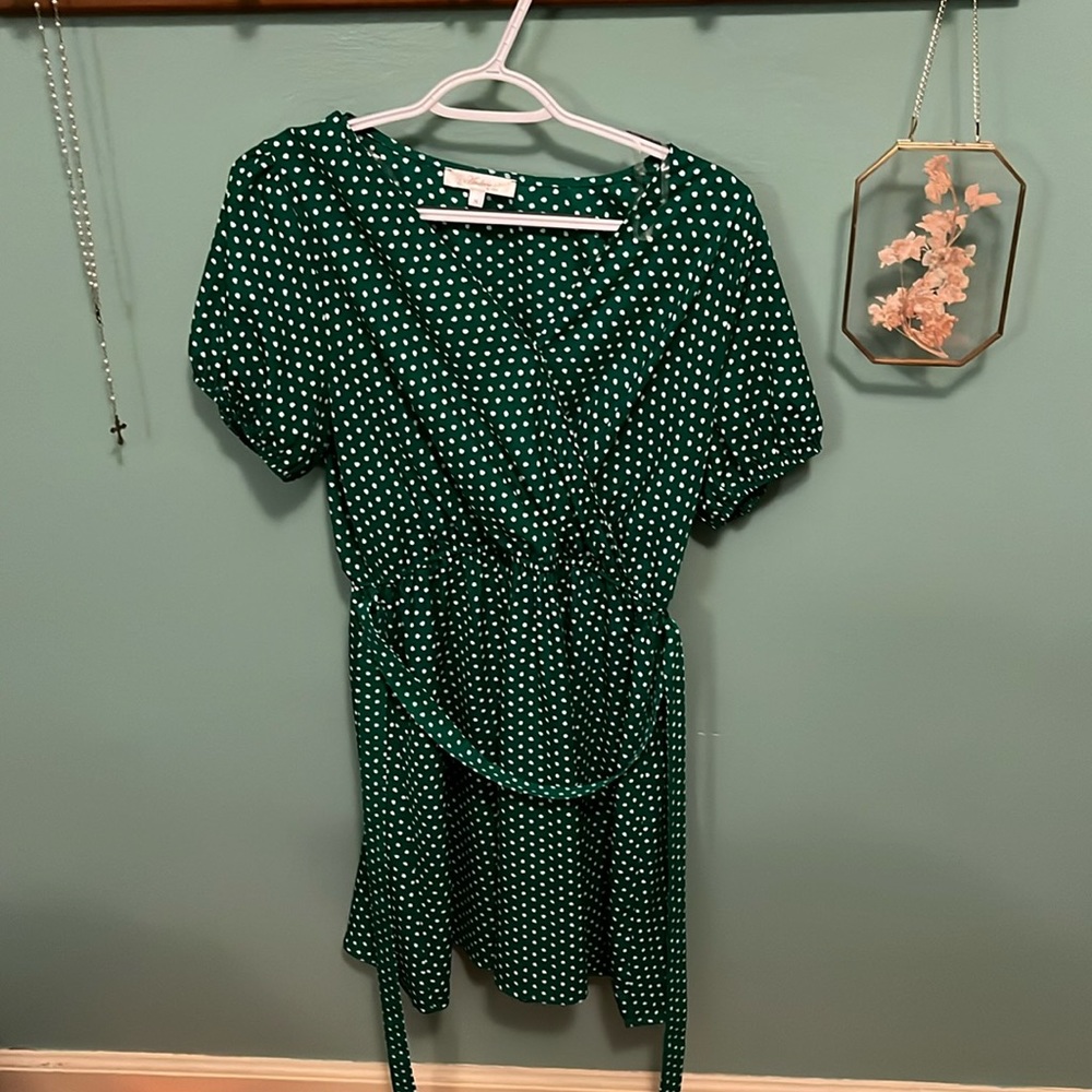 Women’s faux-wrap style green dress with white polka dots, M